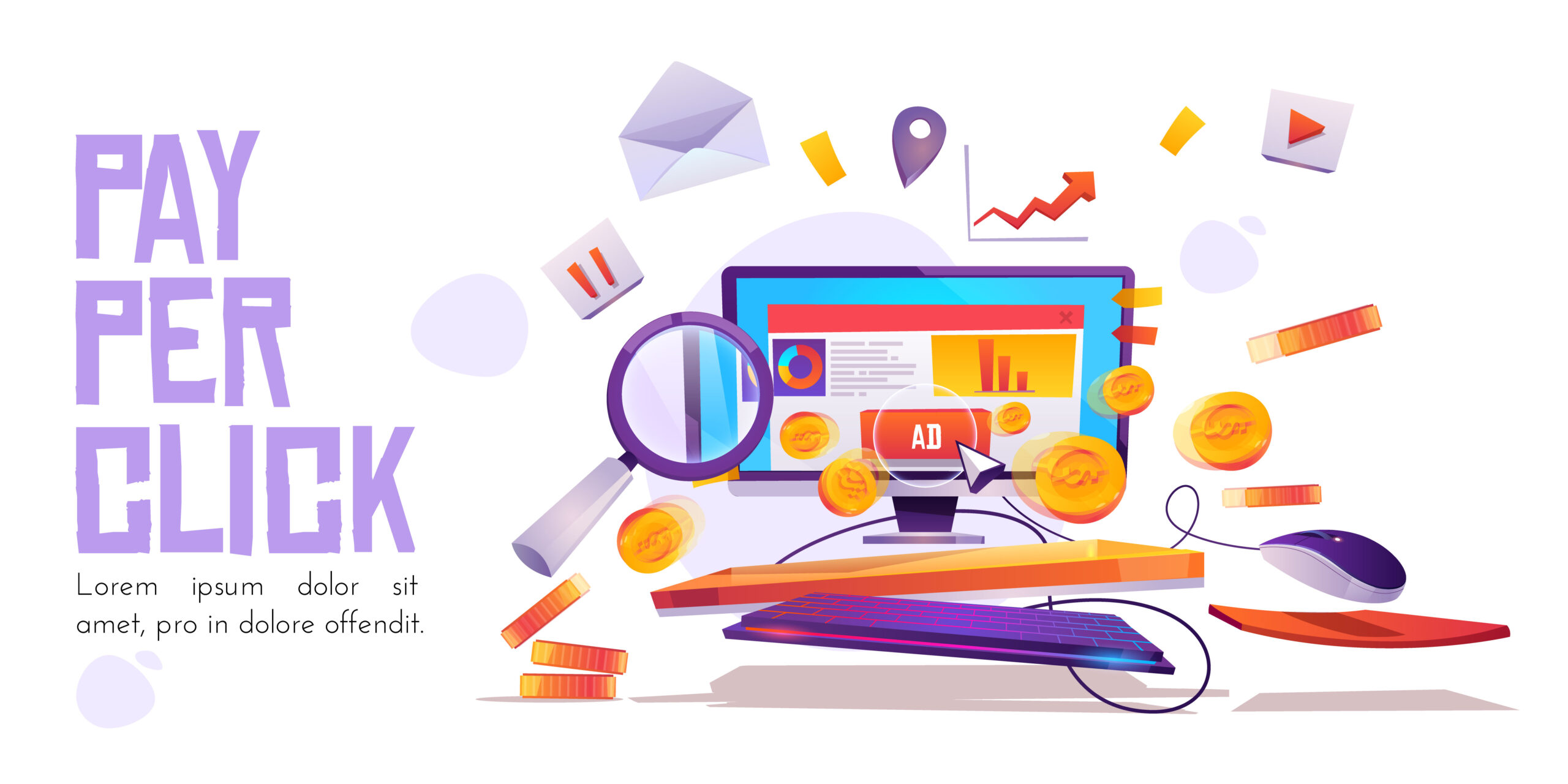 Pay per click banner, computer desktop with cursor Pay per click banner, computer desktop with cursor clicking on ad button, searching magnifier and money coins. Ppc business, cpc advertising technology, sponsored listing cartoon vector illustration